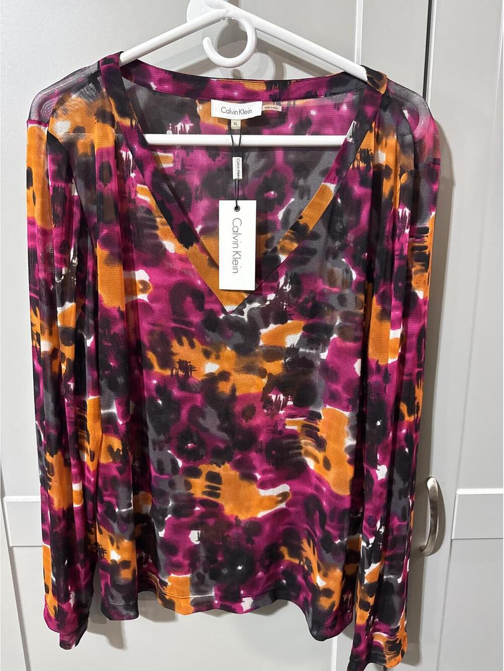 Calvin Klein Hot Pink/Gray/Orange Sheer Mesh Long Sleeve Top